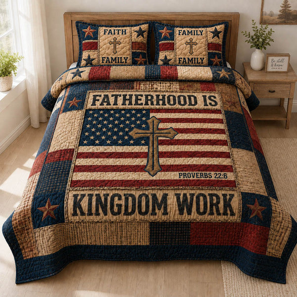 Fatherhood Is Kingdom Work quilted 3-piece bedding set on a made bed with two matching pillow shams