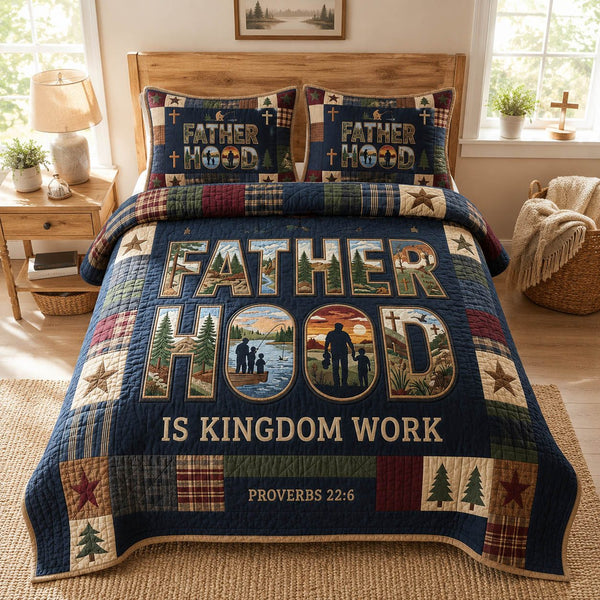 Fatherhood Is Kingdom Work quilted 3-piece bedding set on a made bed with two matching pillow shams