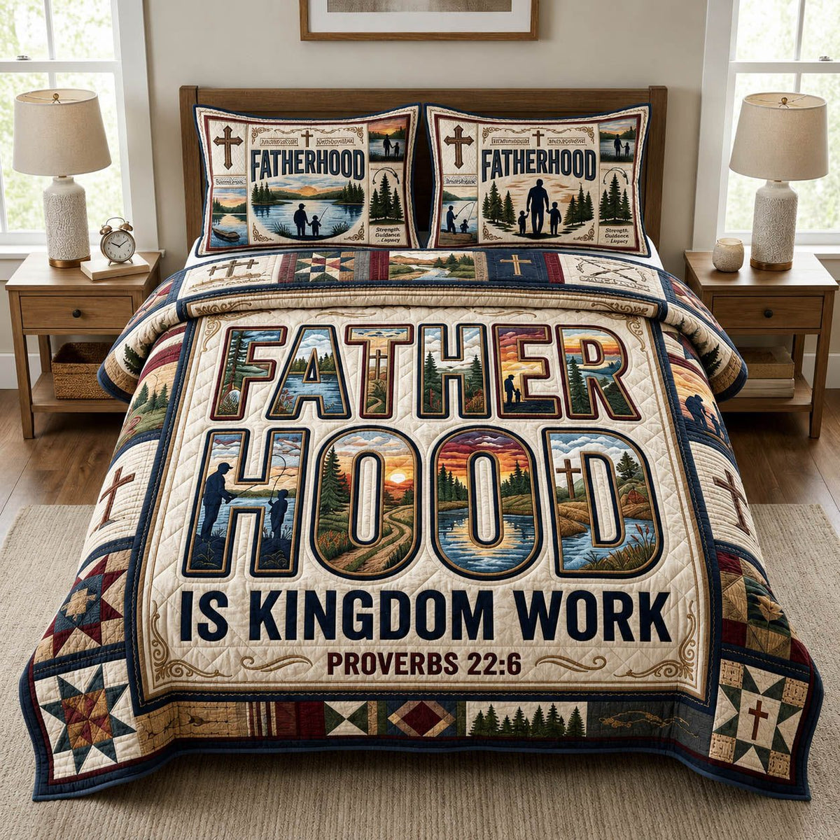 Fatherhood Is Kingdom Work quilted 3-piece bedding set on a made bed with two matching pillow shams