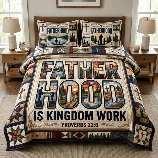 Fatherhood Is Kingdom Work quilted 3-piece bedding set on a made bed with two matching pillow shams