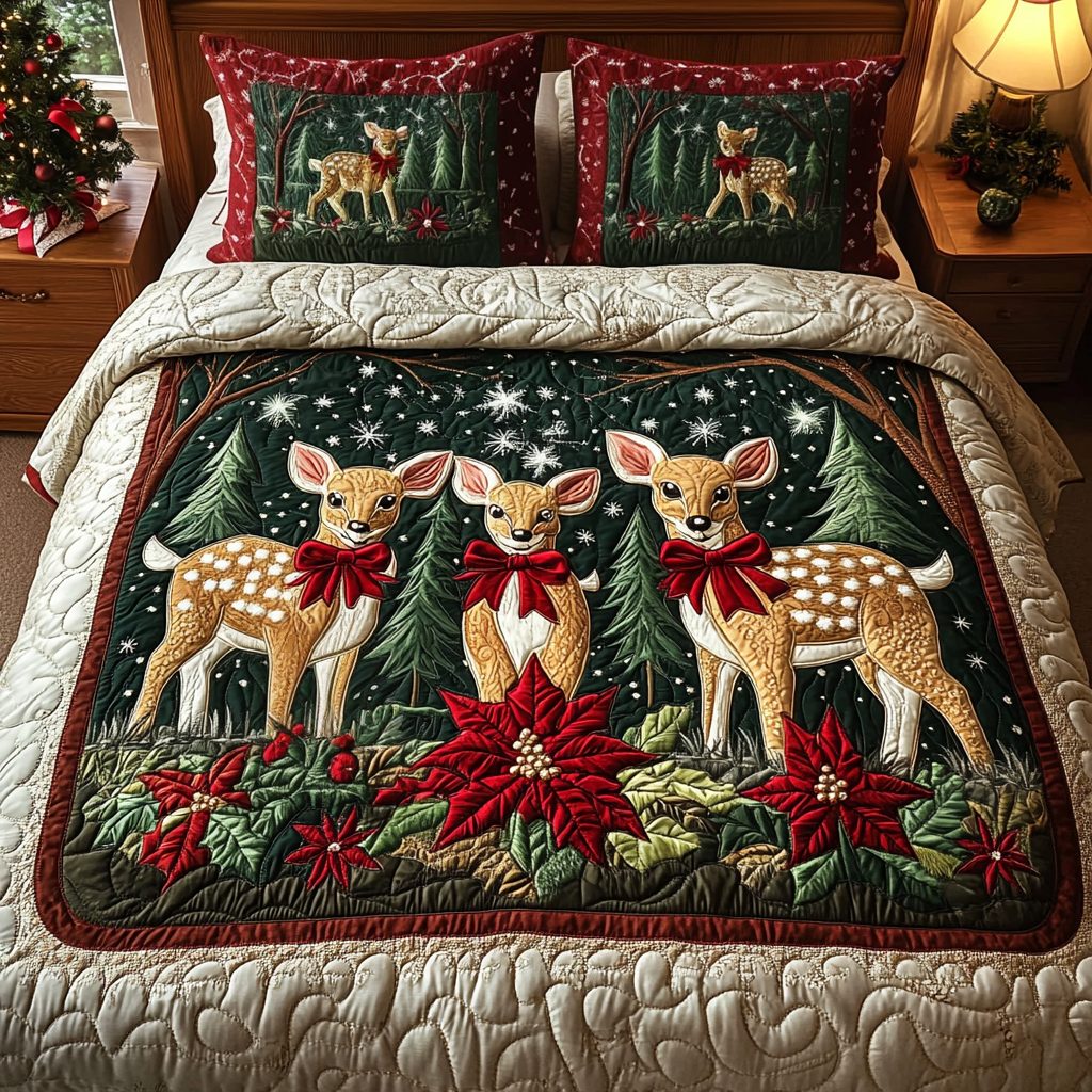 Fawn Delight quilted 3-piece bedding set on a made bed with two matching pillow shams