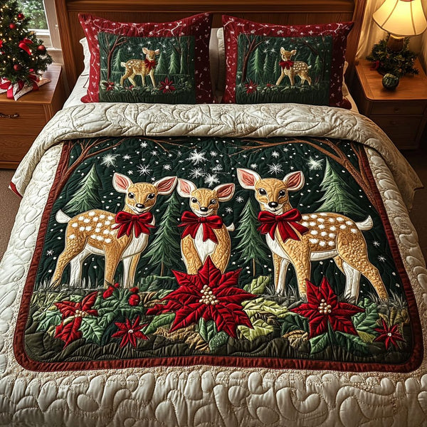 Fawn Delight quilted 3-piece bedding set on a made bed with two matching pillow shams