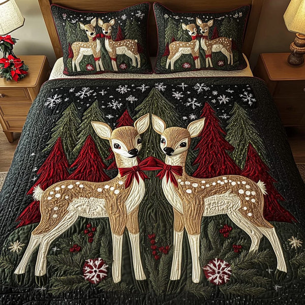 Fawn Forest quilted 3-piece bedding set on a made bed with two matching pillow shams