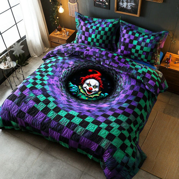 Fearful Night quilted 3-piece bedding set on a made bed with two matching pillow shams