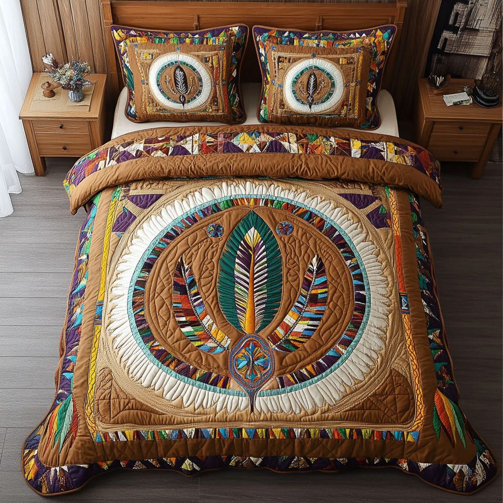 Feather Circle quilted 3-piece bedding set on a made bed with two matching pillow shams