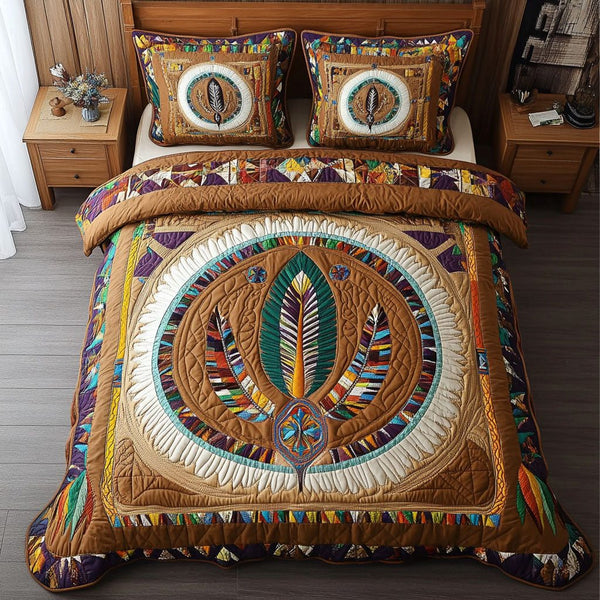 Feather Circle quilted 3-piece bedding set on a made bed with two matching pillow shams