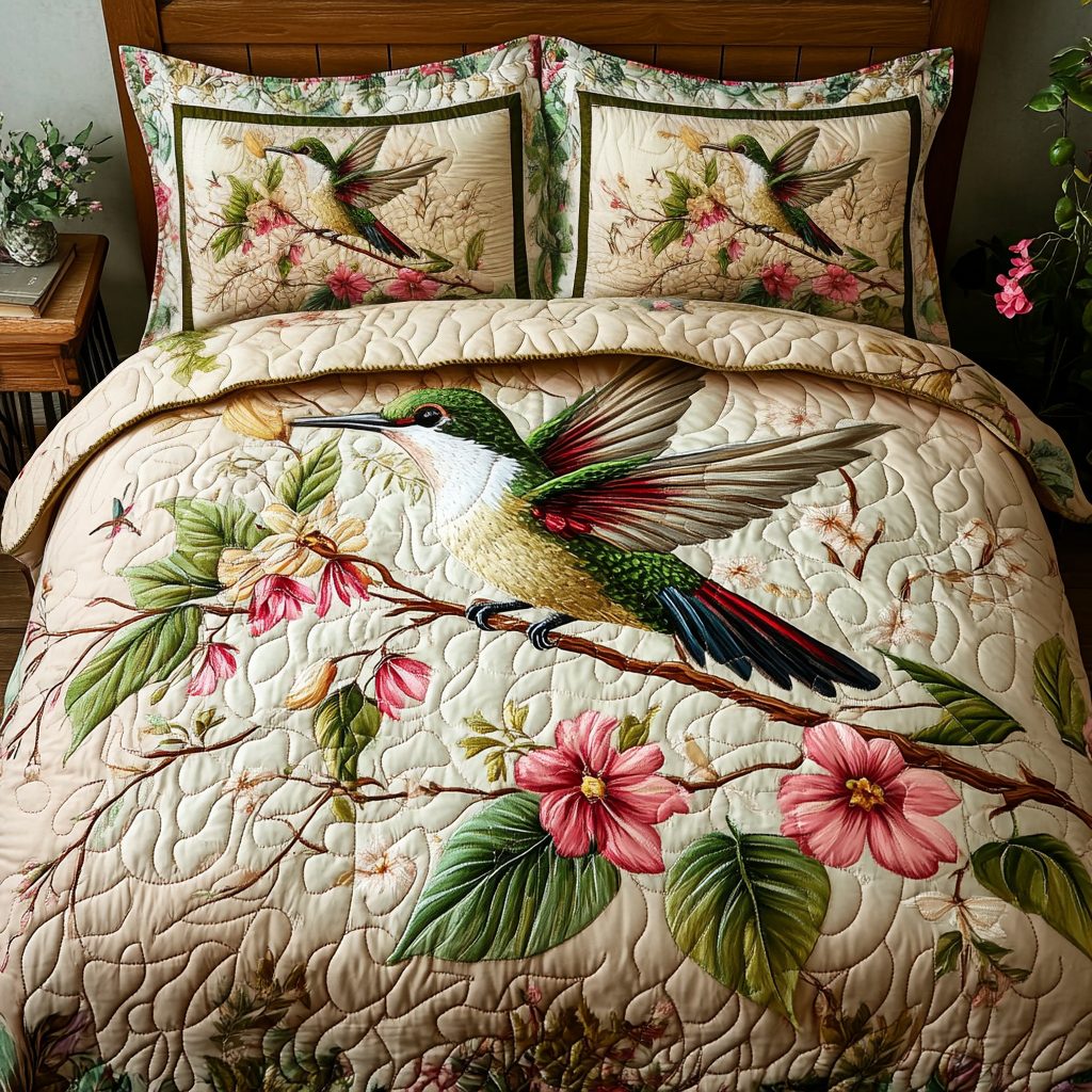 Feather Garden quilted 3-piece bedding set on a made bed with two matching pillow shams