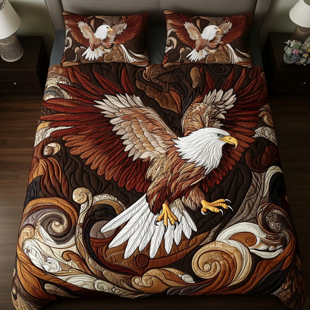 Feather Gold quilted 3-piece bedding set on a made bed with two matching pillow shams