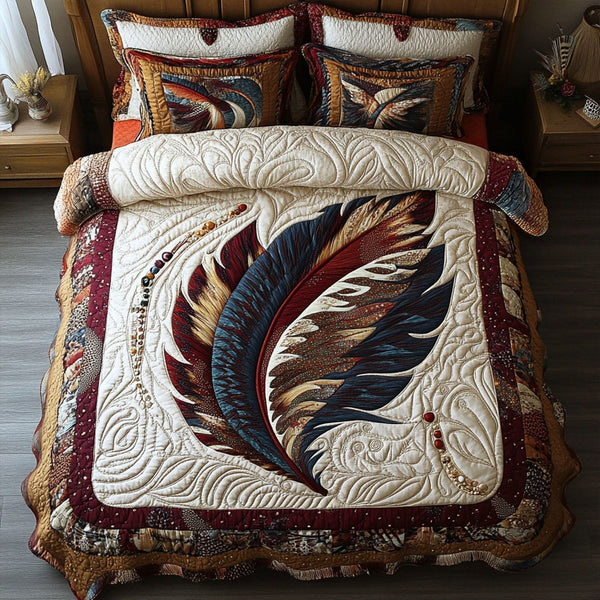 Feather Shield quilted 3-piece bedding set on a made bed with two matching pillow shams
