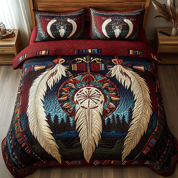 Feather Trapper quilted 3-piece bedding set on a made bed with two matching pillow shams