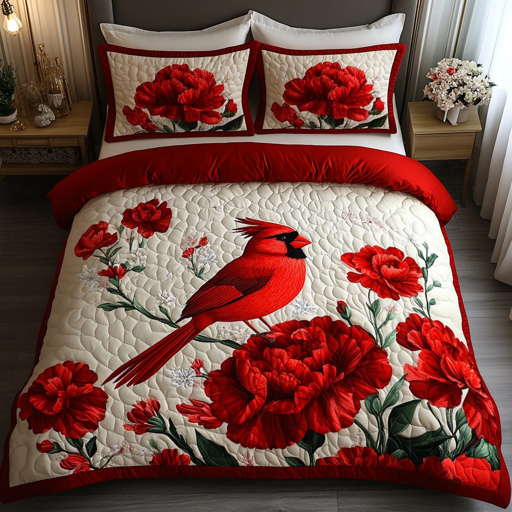 Feathered Blossom quilted 3-piece bedding set on a made bed with two matching pillow shams