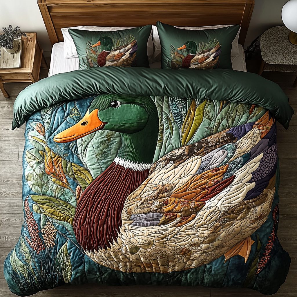 Feathered Comfort quilted 3-piece bedding set on a made bed with two matching pillow shams