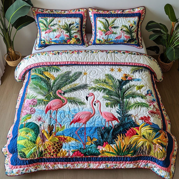 Feathered Dancer quilted 3-piece bedding set on a made bed with two matching pillow shams