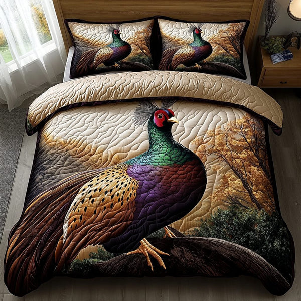 Feathered Elegance quilted 3-piece bedding set on a made bed with two matching pillow shams