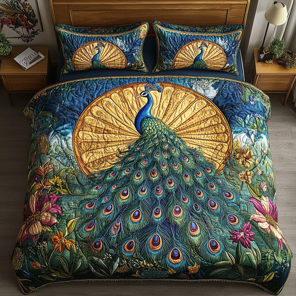 Feathered Elegance quilted 3-piece bedding set on a made bed with two matching pillow shams