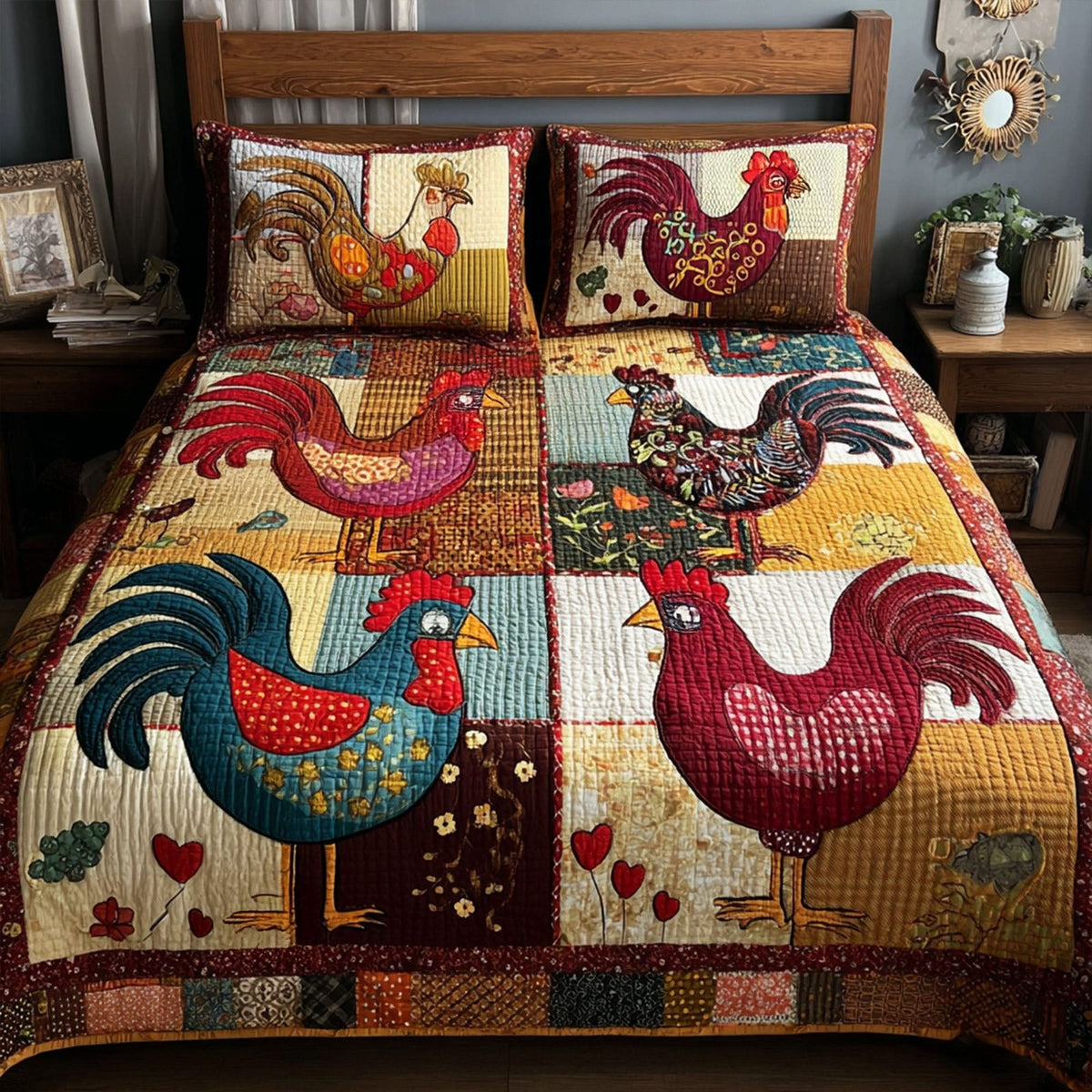 Feathered Field quilted 3-piece bedding set on a made bed with two matching pillow shams