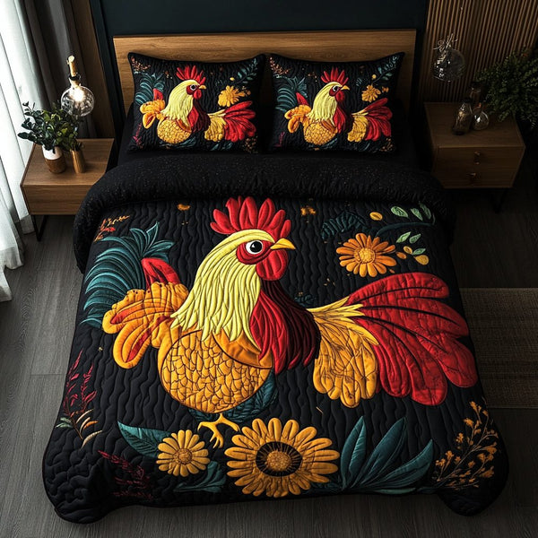 Feathered Fiesta quilted 3-piece bedding set on a made bed with two matching pillow shams