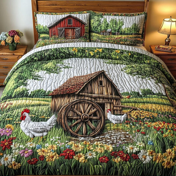 Feathered Friend quilted 3-piece bedding set on a made bed with two matching pillow shams