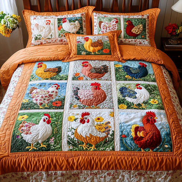 Feathered Friends quilted 3-piece bedding set on a made bed with two matching pillow shams