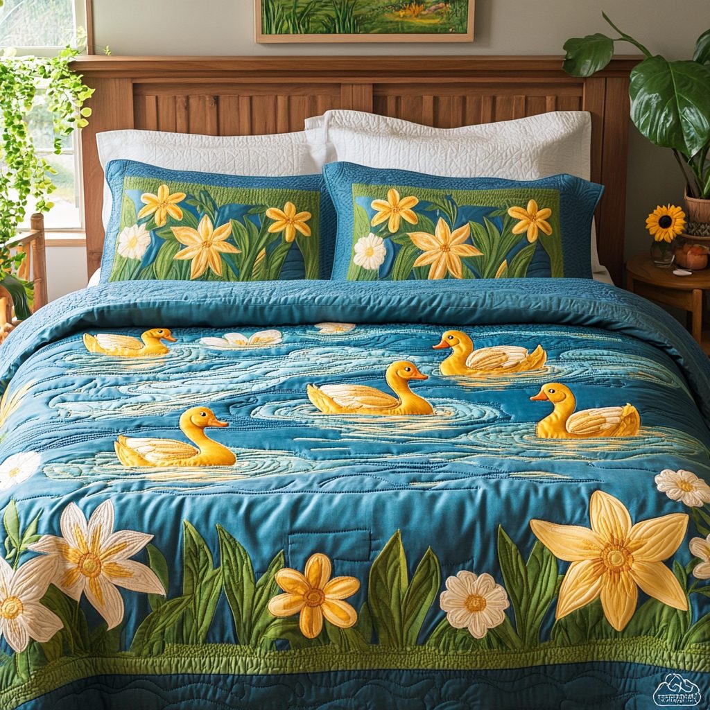Feathered Friends quilted 3-piece bedding set on a made bed with two matching pillow shams