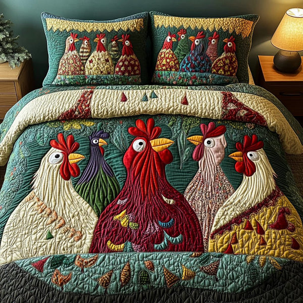 Feathered Friends quilted 3-piece bedding set on a made bed with two matching pillow shams