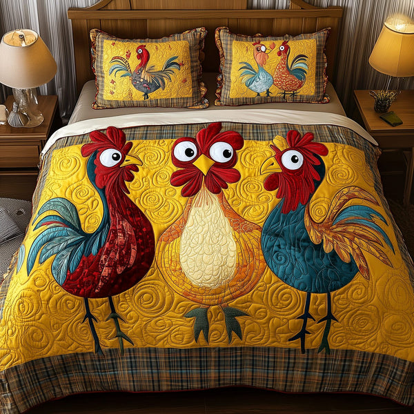 Feathered Fun quilted 3-piece bedding set on a made bed with two matching pillow shams