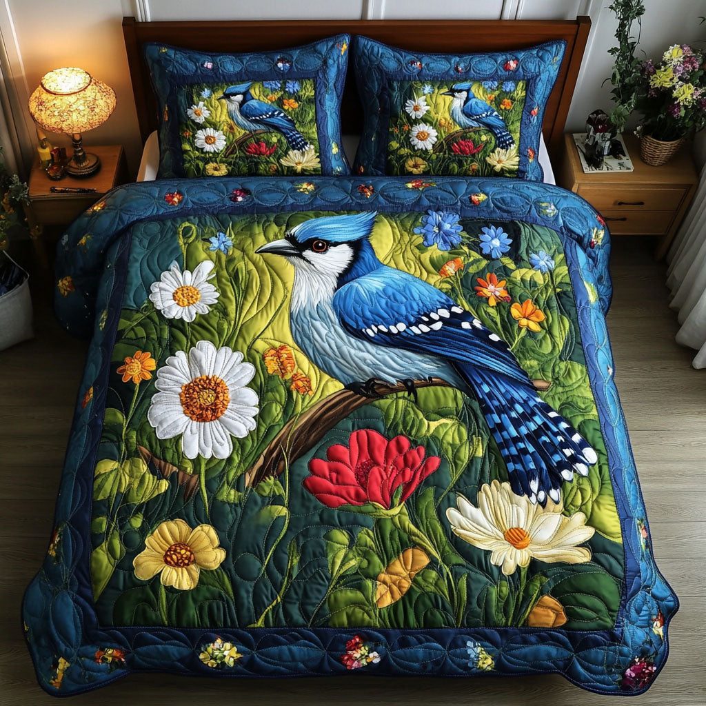 Feathered Garden quilted 3-piece bedding set on a made bed with two matching pillow shams