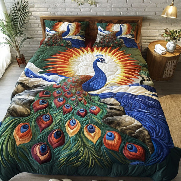 Feathered Glory in Nature quilted 3-piece bedding set on a made bed with two matching pillow shams