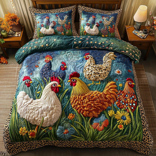 Feathered Grace quilted 3-piece bedding set on a made bed with two matching pillow shams