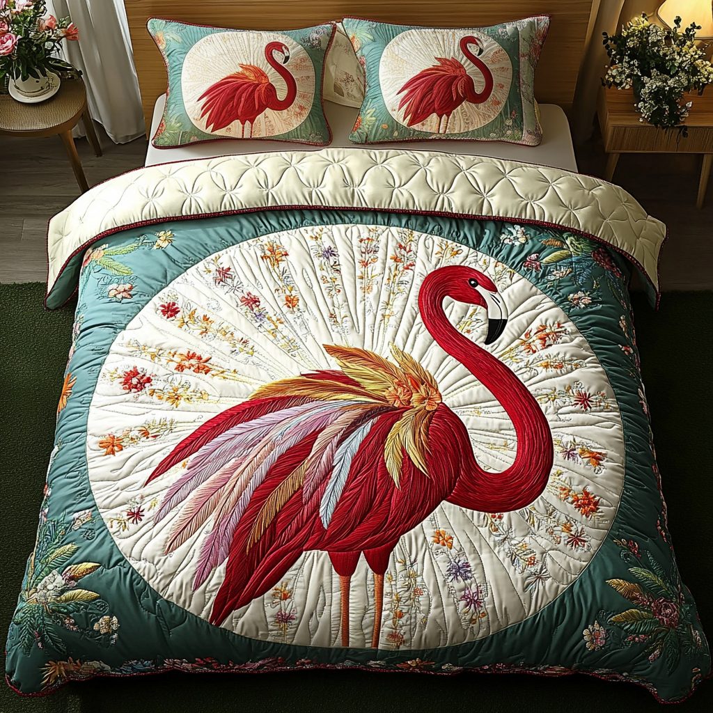 Feathered Grace quilted 3-piece bedding set on a made bed with two matching pillow shams