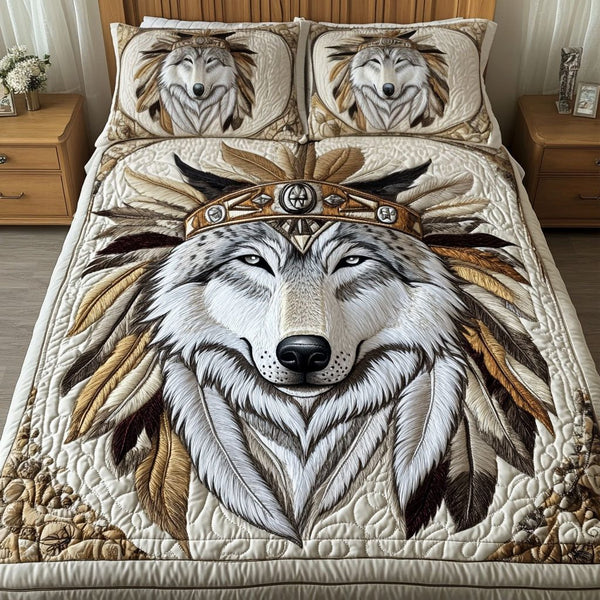 Feathered Guardian quilted 3-piece bedding set on a made bed with two matching pillow shams