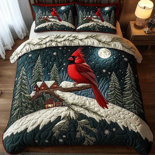 Feathered Harmony quilted 3-piece bedding set on a made bed with two matching pillow shams