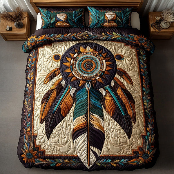 Feathered Harmony quilted 3-piece bedding set on a made bed with two matching pillow shams