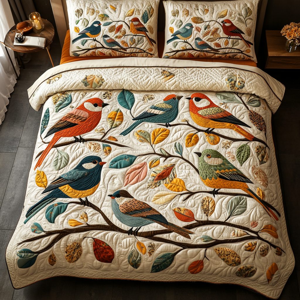 Feathered Harmony quilted 3-piece bedding set on a made bed with two matching pillow shams