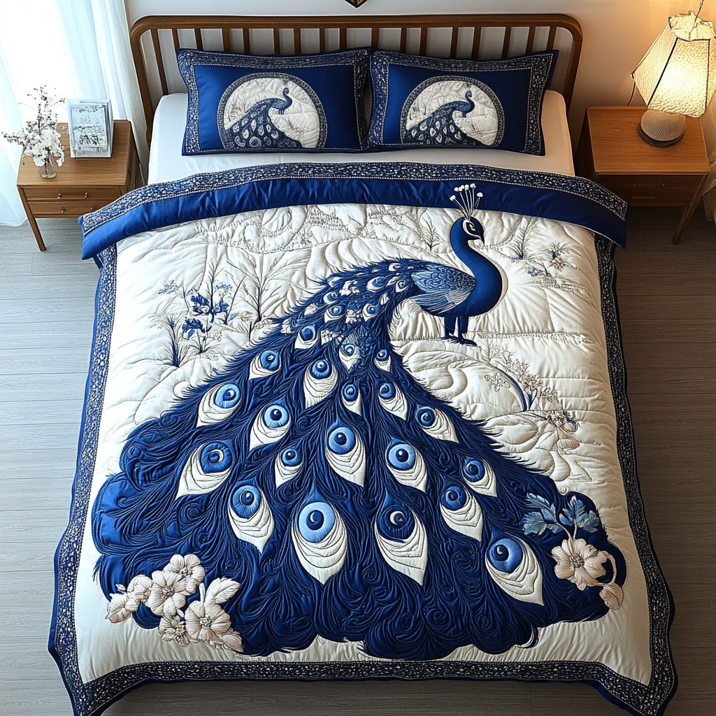 Feathered Jewel quilted 3-piece bedding set on a made bed with two matching pillow shams