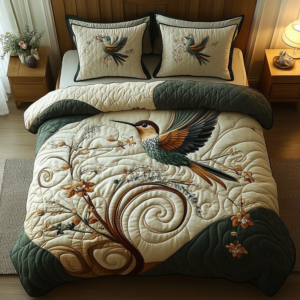 Feathered Jewel quilted 3-piece bedding set on a made bed with two matching pillow shams