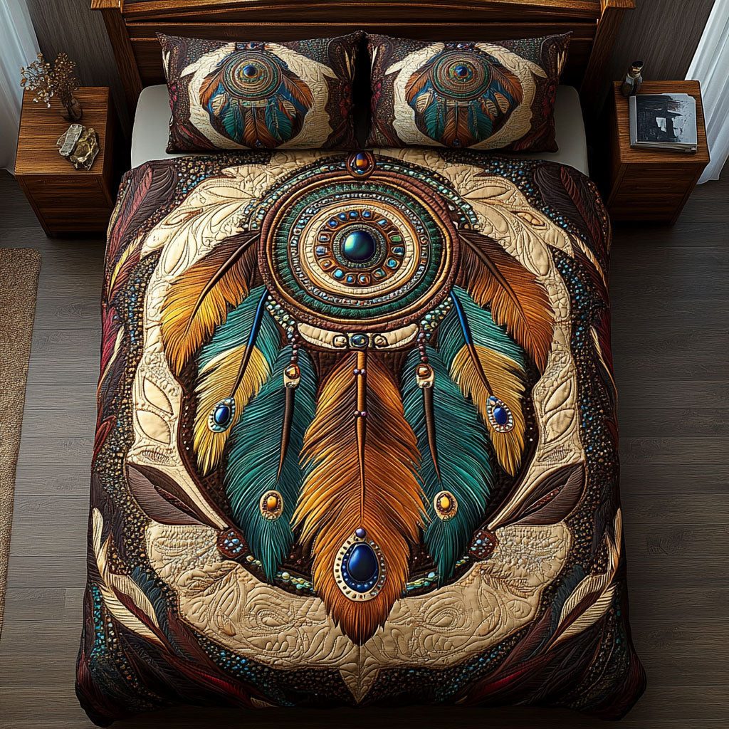 Feathered Jewel Tones quilted 3-piece bedding set on a made bed with two matching pillow shams
