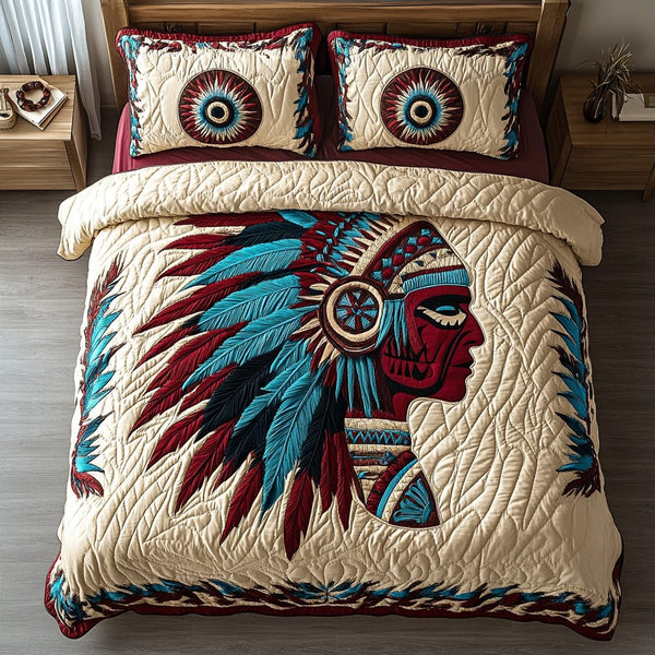 Feathered Legacy quilted 3-piece bedding set on a made bed with two matching pillow shams