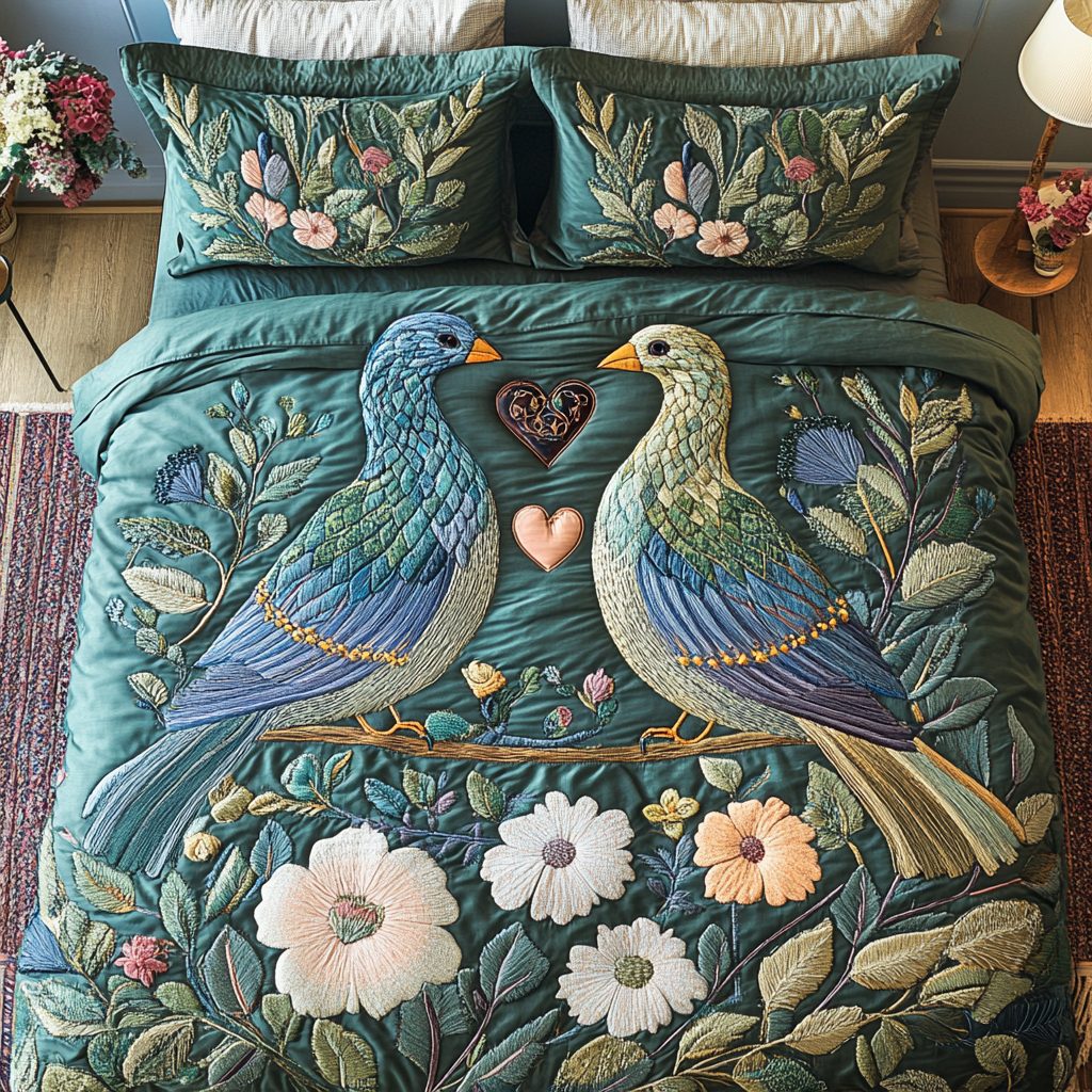 Feathered Love quilted 3-piece bedding set on a made bed with two matching pillow shams