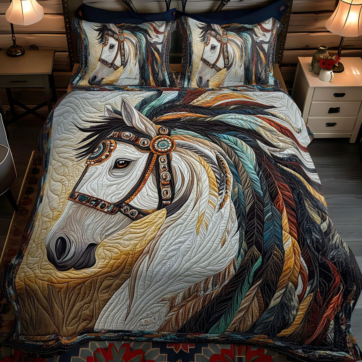 Feathered Mane quilted 3-piece bedding set on a made bed with two matching pillow shams
