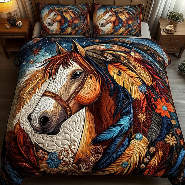 Feathered Mane quilted 3-piece bedding set on a made bed with two matching pillow shams
