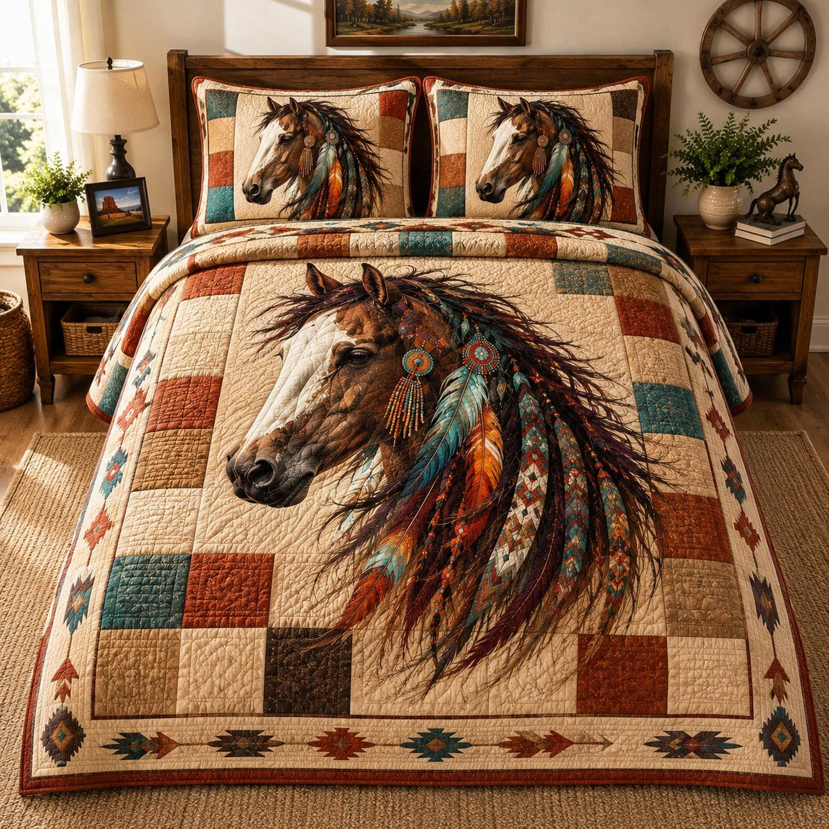 Feathered Mustang quilted 3-piece bedding set on a made bed with two matching pillow shams