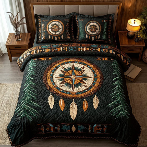 Feathered Pathways quilted 3-piece bedding set on a made bed with two matching pillow shams