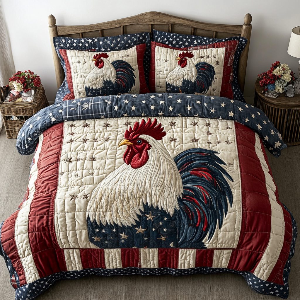 Feathered Patriot quilted 3-piece bedding set on a made bed in a warmly lit bedroom