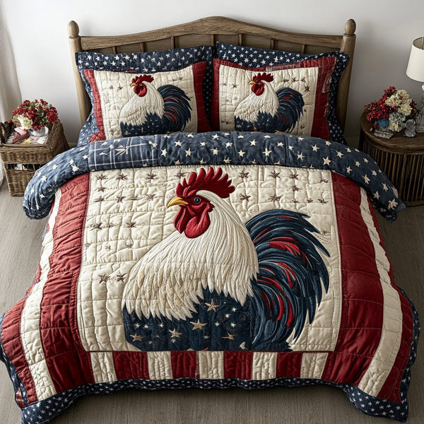 Feathered Patriot quilted 3-piece bedding set on a made bed in a warmly lit bedroom