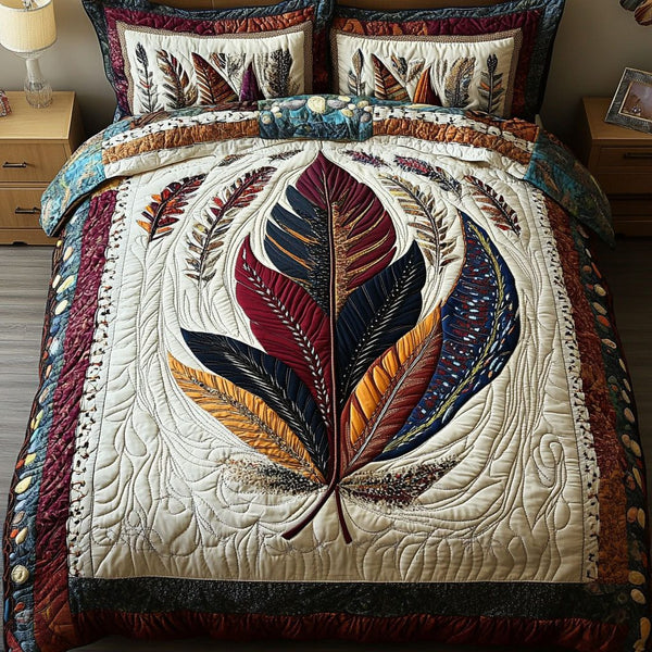 Feathered Peace quilted 3-piece bedding set on a made bed with two matching pillow shams