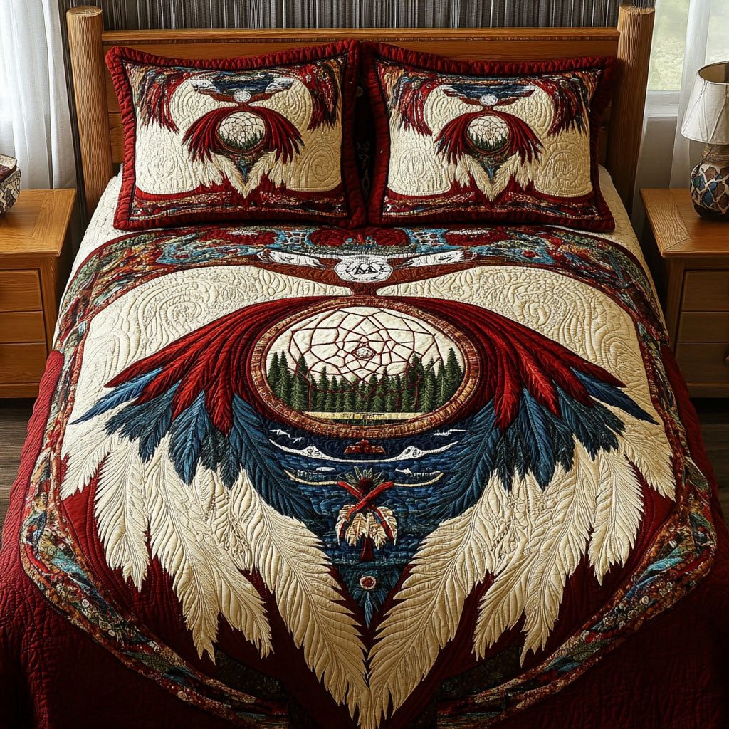 Feathered Protection quilted 3-piece bedding set on a made bed with two matching pillow shams