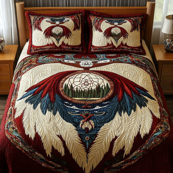 Feathered Protection quilted 3-piece bedding set on a made bed with two matching pillow shams