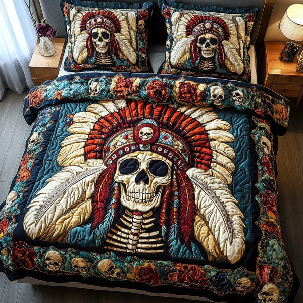 Feathered Skull quilted 3-piece bedding set on a made bed against a dark styled interior