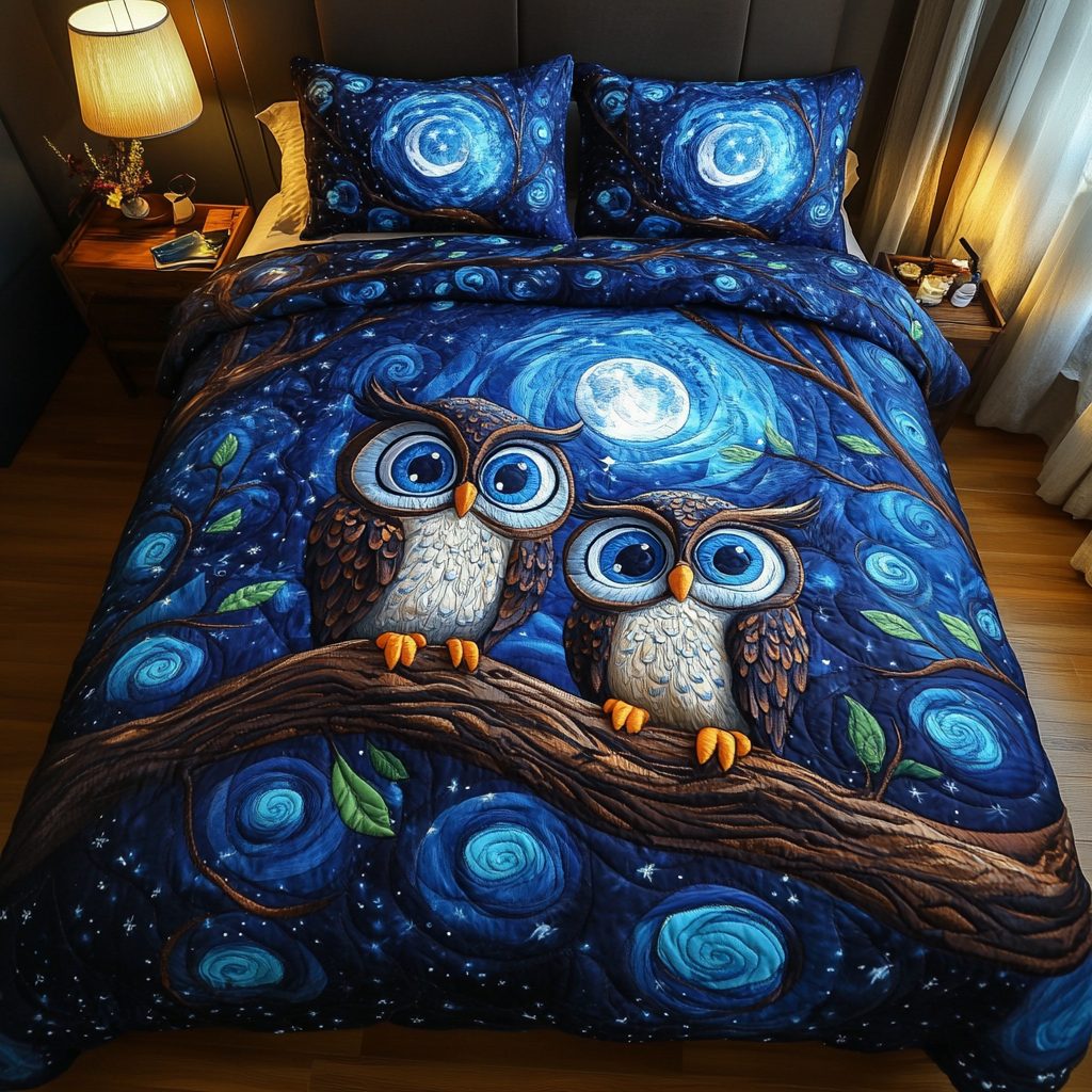 Feathered Soulmates quilted 3-piece bedding set on a made bed with two matching pillow shams